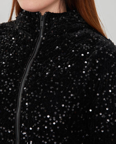 CHAQUETA LENTEJUELAS CON CAPUCHA Y CREMALLERA  NEGRO