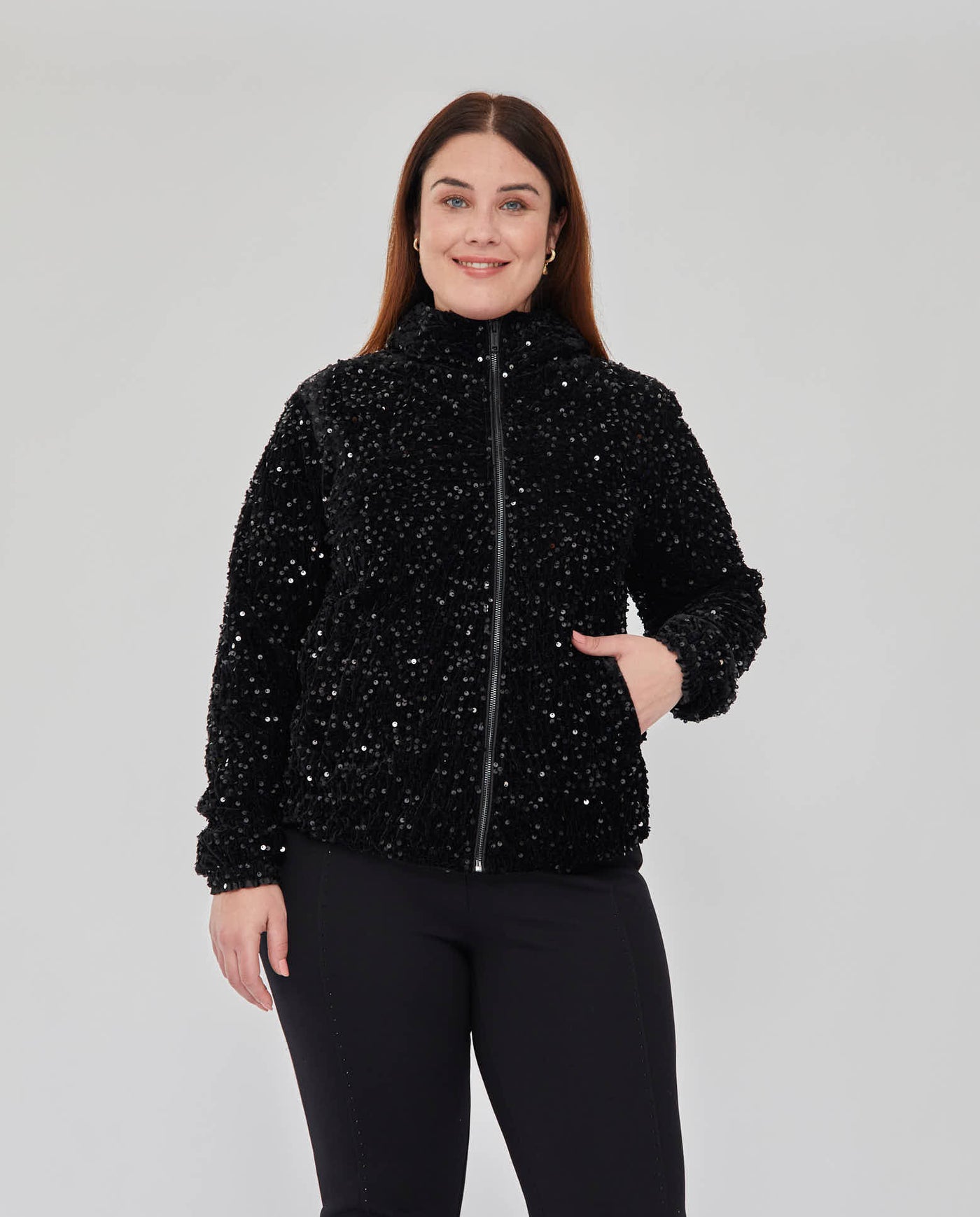 CHAQUETA LENTEJUELAS CON CAPUCHA Y CREMALLERA  NEGRO