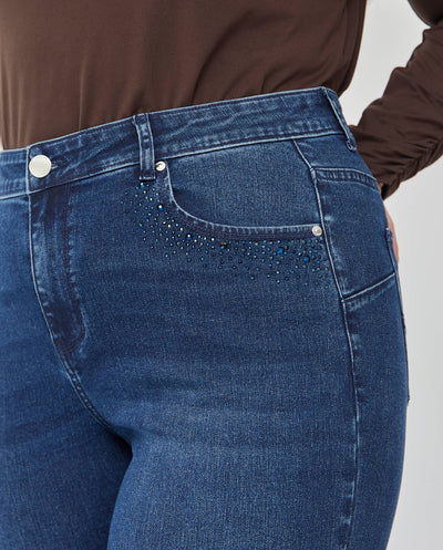 PANTALON DENIM PUSH UP CON DETALLE DE BRILLOS EN BOLSILLOS AZUL