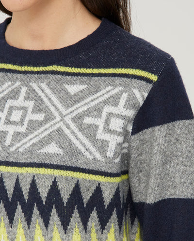 JERSEY JACQUARD GEOMETRICO CON FALDON AZUL OSCURO