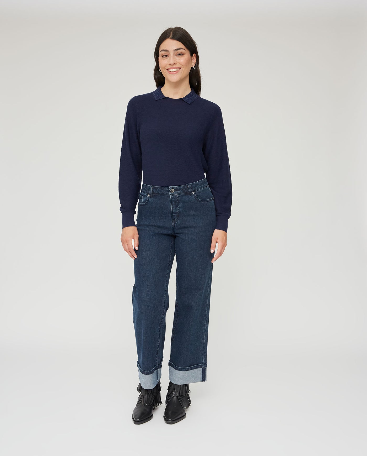PANTALON DENIM DOBLADILLO BAJO AZUL OSCURO