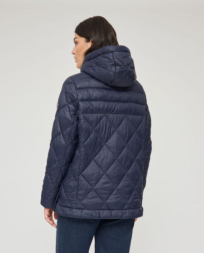 PARKA CORTA Y MANGA LARGA CON CAPUCHA Y CIERRE CON BOTONES AZUL OSCURO