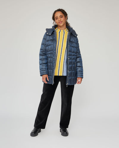 PARKA LARGA ACOLCHADA CON ACABADOS METALICOS EFECTO CADENETA AZUL