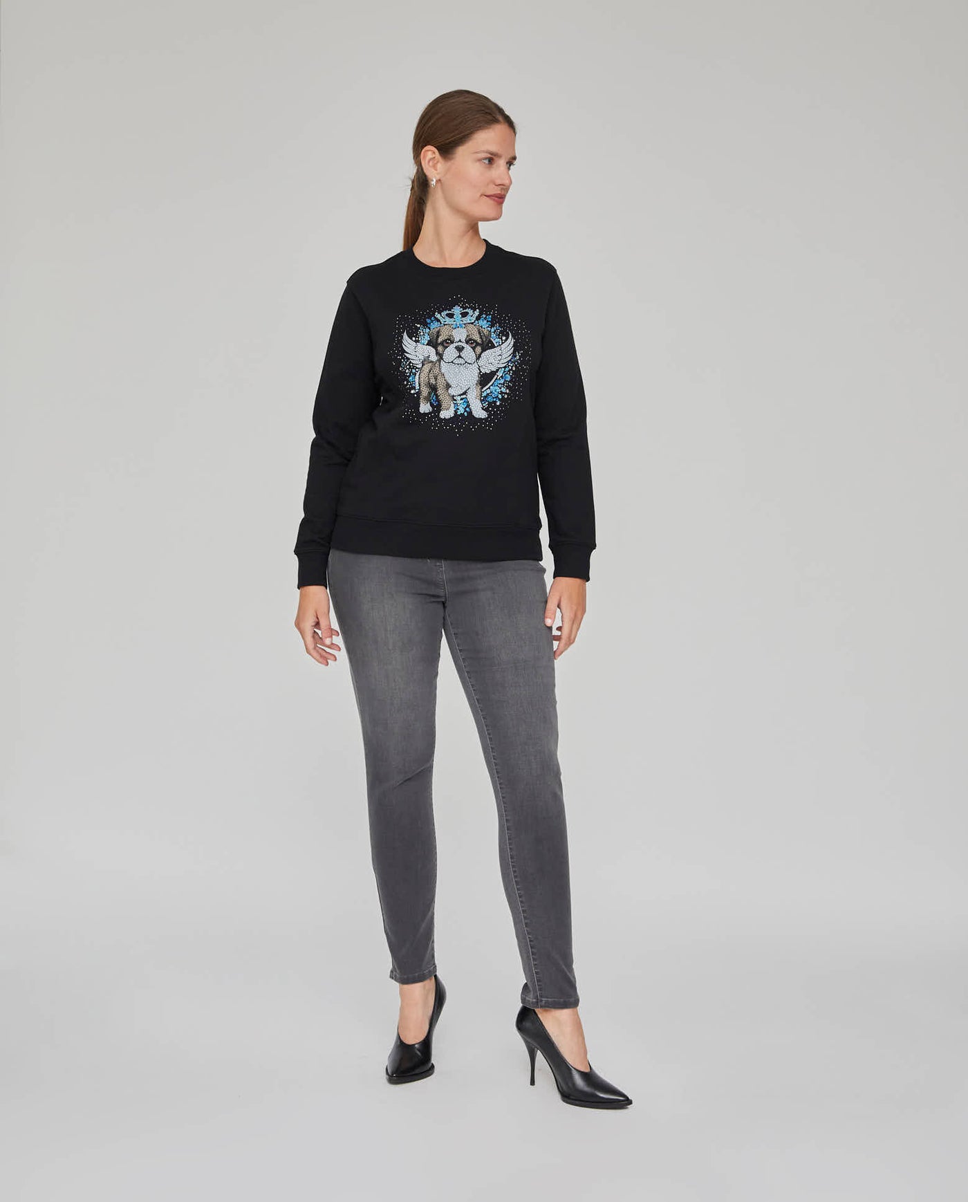 SUDADERA ESTAMPADA MANGA LARGA CON STRASS NEGRO