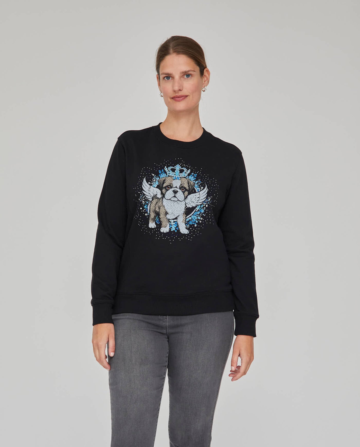 SUDADERA ESTAMPADA MANGA LARGA CON STRASS NEGRO